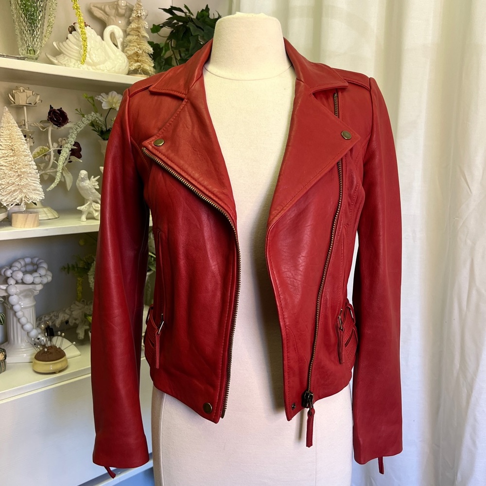Lucky Brand 100% Lamb Leather Red Moto Jacket